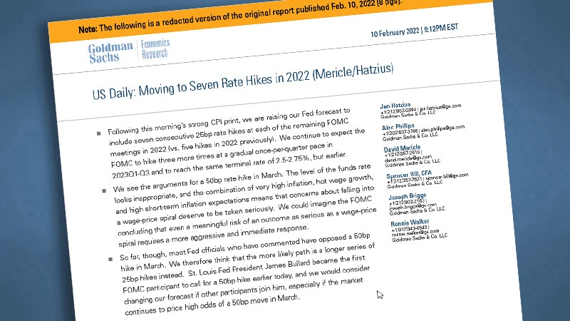 Goldman Sachs Raises Forecast to Seven Consecutive Rate Hikes in 2022